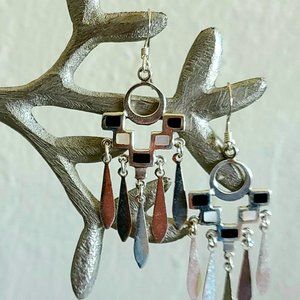 Vintage Earrings - Black Onyx & Mother of Pearl Inlay - Fringed - Sterling Silve